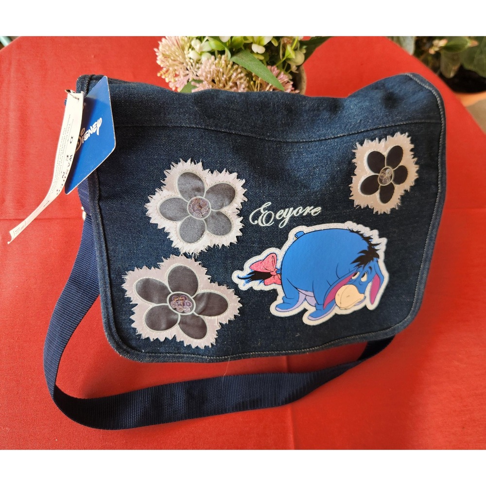 Vintage Disney Eeyore Denim Crossbody Bag Blue Floral Messenger NWT - Picture 4 of 11